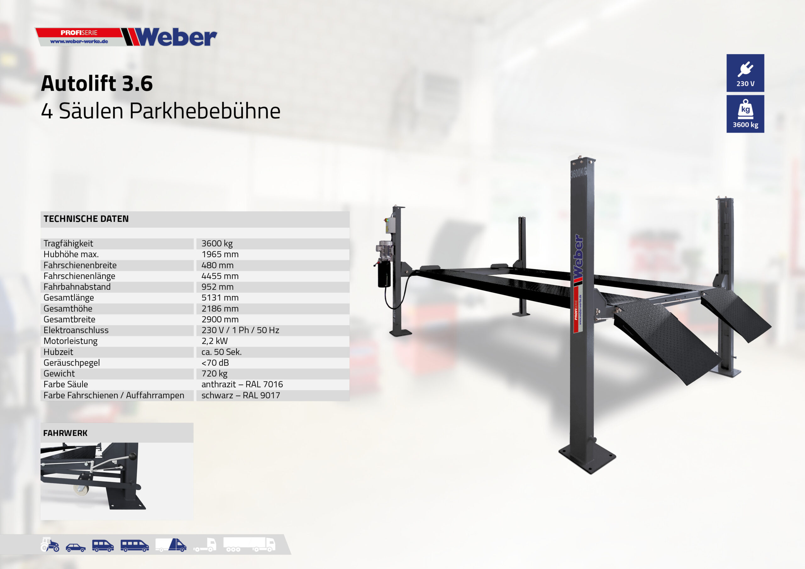 Mobile 4 Säulen Hebebühne - Weber Profi Serie Autolift 3.6