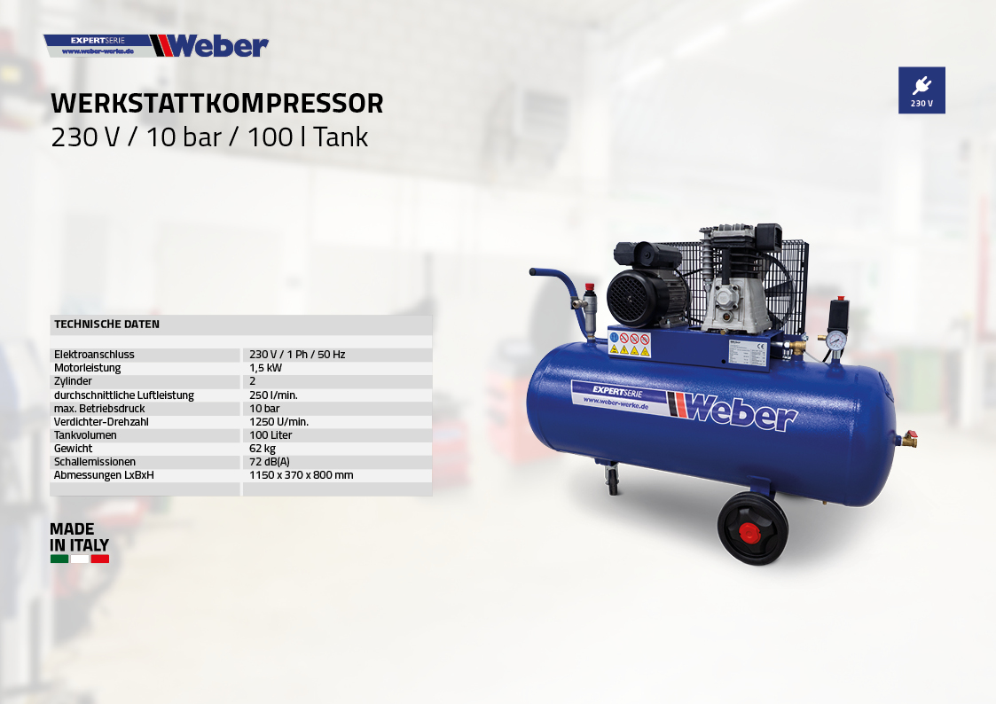 Werkstattkompressor 230 V / 10 bar / 100 l Tank
