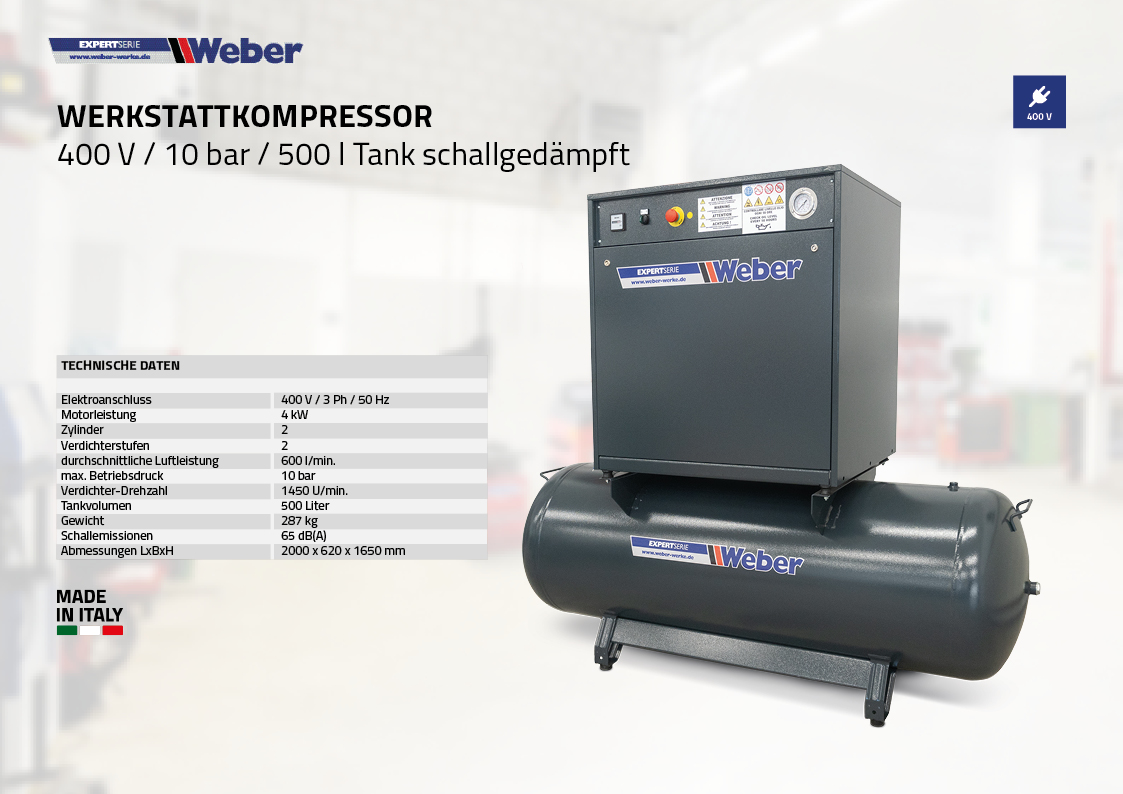 Schallgedämpfter Werkstattkompressor 400 V / 10 bar / 500 l Tank