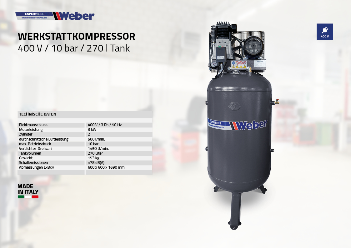 Werkstattkompressor 400 V / 10 bar / 270 l Tank