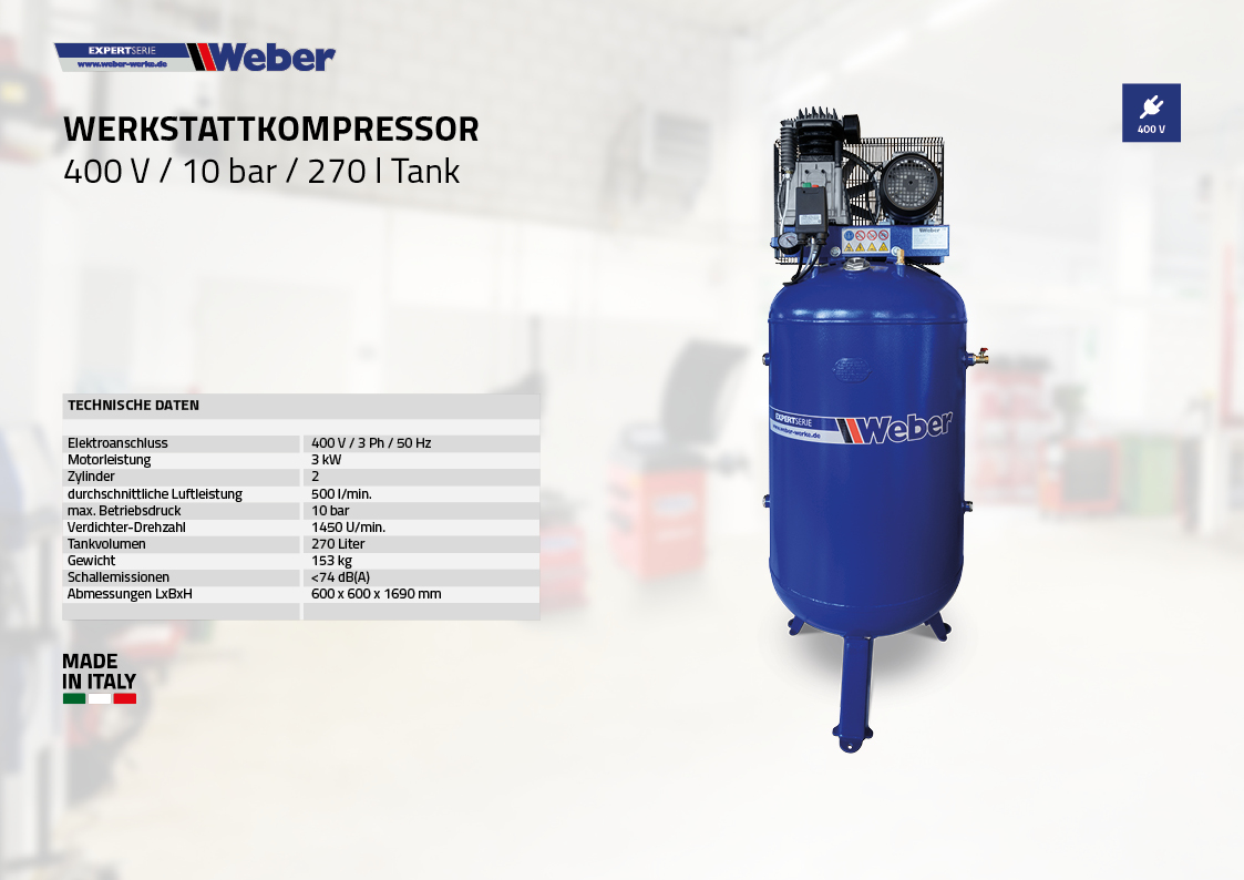 Werkstattkompressor 400 V / 10 bar / 270 l Tank