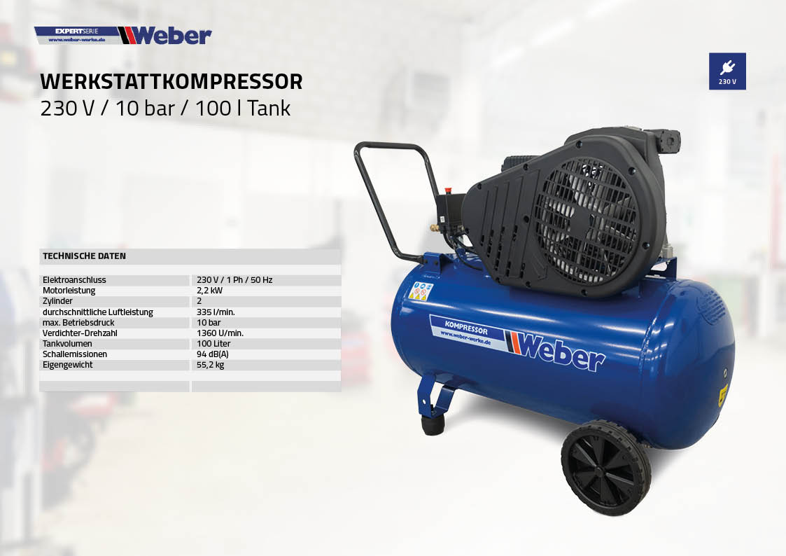 Werkstattkompressor 230 V / 10 bar / 100 l Tank