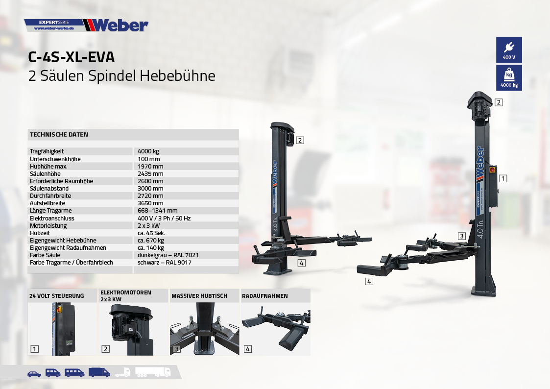 2 Säulen "Spindel" Hebebühne für Elektrofahrzeuge Weber Expert Serie C-4S-XL-EVA