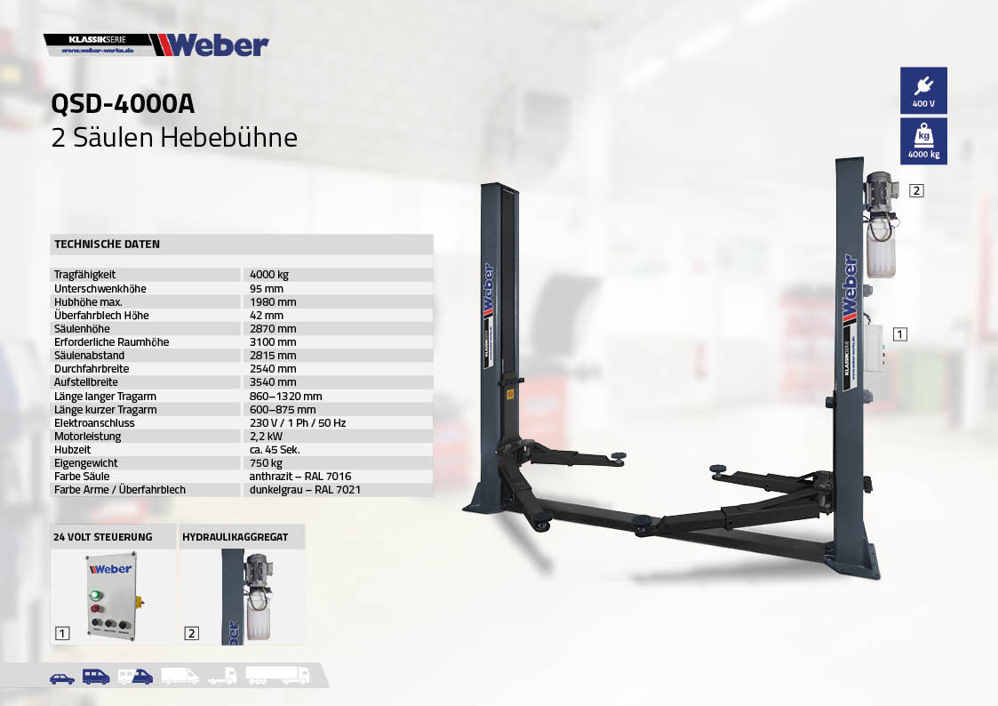 2 Säulen Hebebühne Weber Klassik Serie QSD-4000A