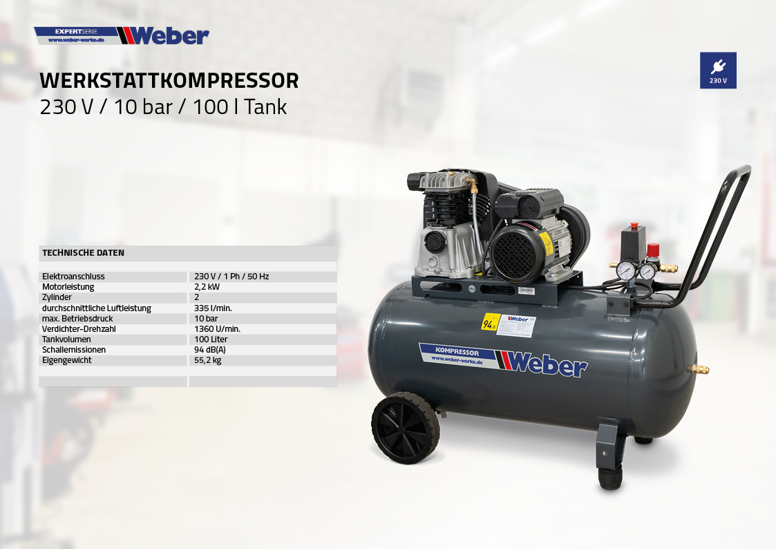 Werkstattkompressor 230 V / 10 bar / 100 l Tank
