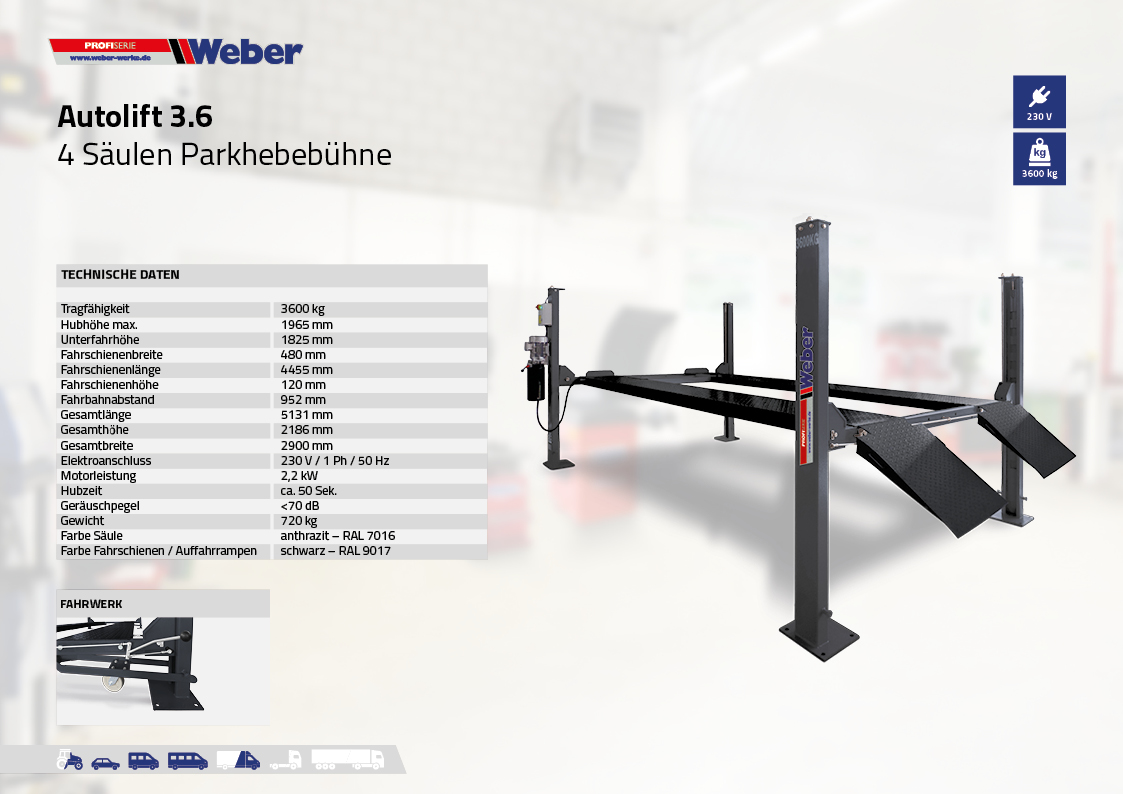 Mobile 4 Säulen Hebebühne - Weber Profi Serie Autolift 3.6