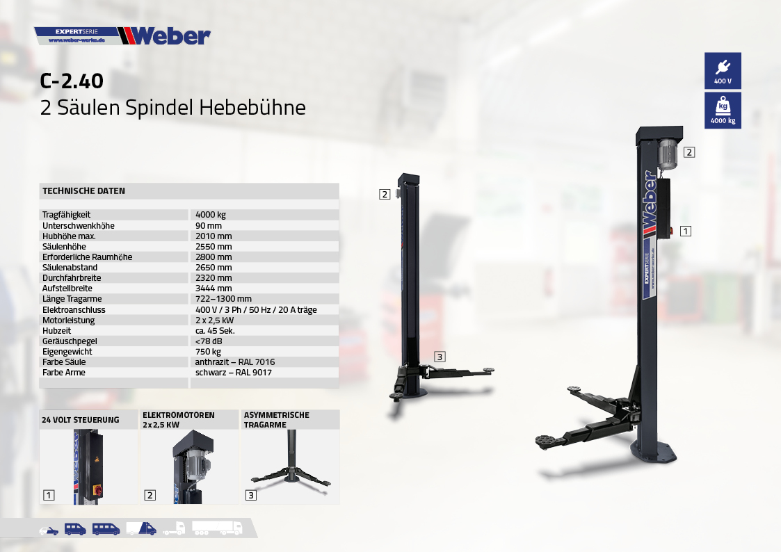 2 Säulen "Spindel" Hebebühne Weber Expert Serie C-2.40
